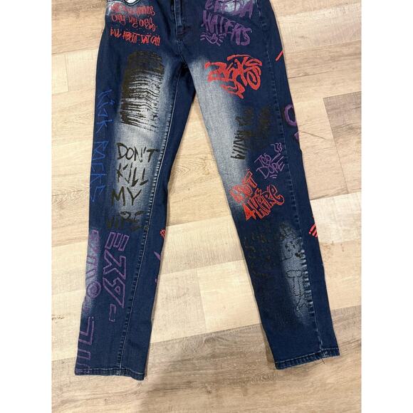 Blue Connection Distressed Graffiti Jeans Womens 15 Blue Denim 5 Pockets Preppy - Picture 9 of 13